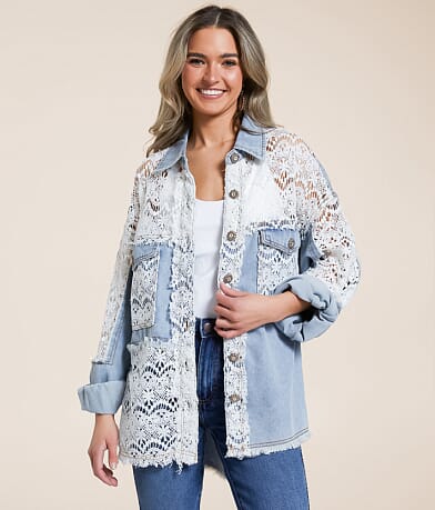 POL Pieced Lace Oversized Denim Jacket front view
