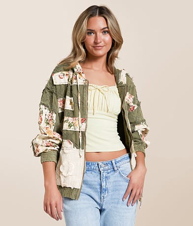 POL Pieced Floral Hooded Jacket front view