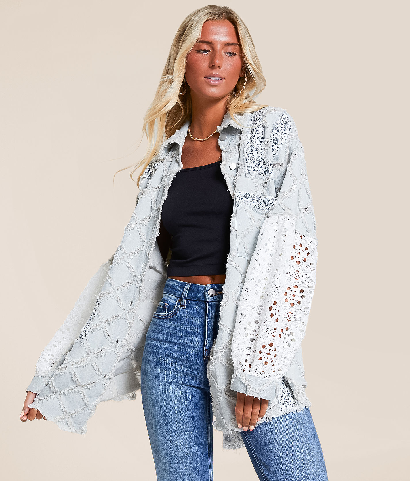 sudo oversized shacket -「katsuragi」#015 POL Pieced Floral Denim Oversized Shacket - Women's Coats