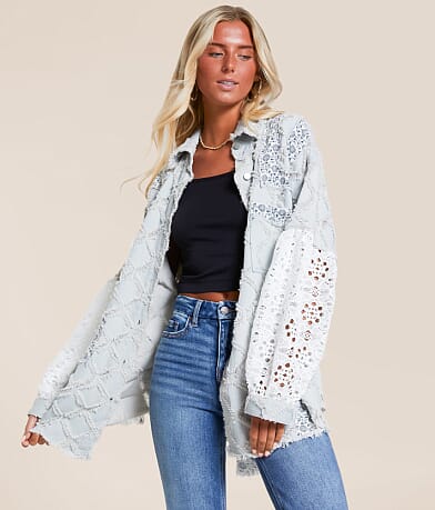 POL Pieced Floral Denim Oversized Shacket front view