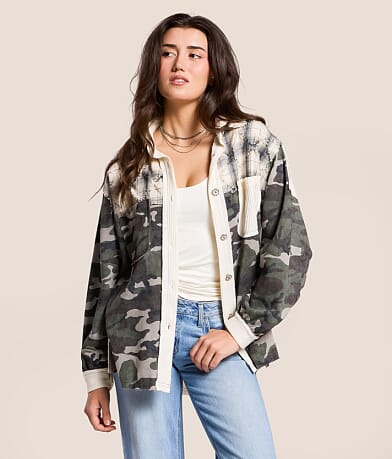 POL Pieced Camo Oversized Shacket front view