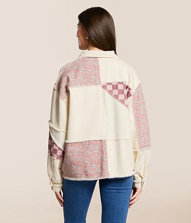 Pieced Floral Checkered Denim Shacket thumbnail 3