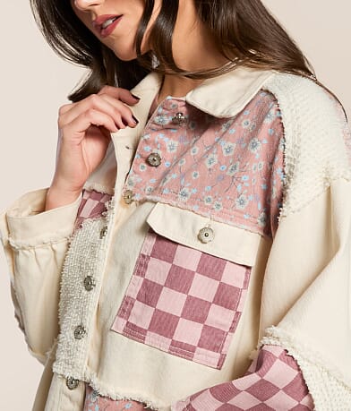 Pieced Floral Checkered Denim Shacket thumbnail 4