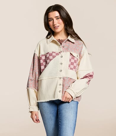 Pieced Floral Checkered Denim Shacket thumbnail 2