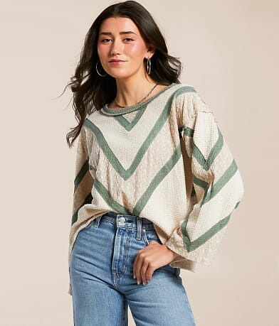 POL Pieced Eyelet Linen Blend Top front view