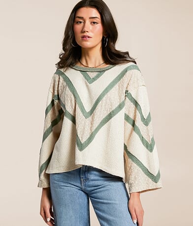 POL Pieced Eyelet Linen Blend Top full right side view