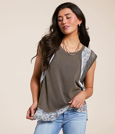 POL Pieced Floral Crochet Top front view