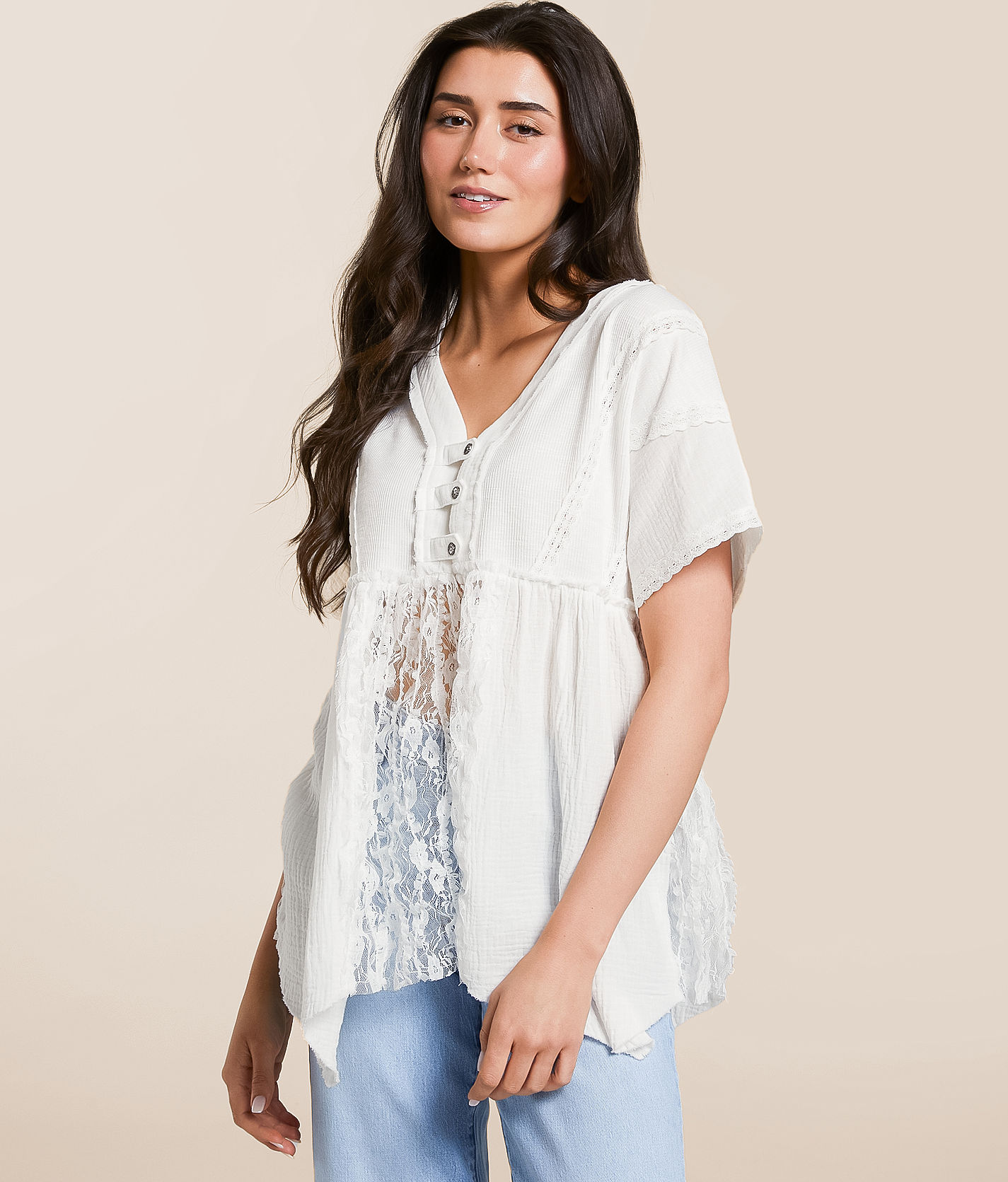 POL Pieced Lace Babydoll Henley - Women's Shirts & Blouses in
