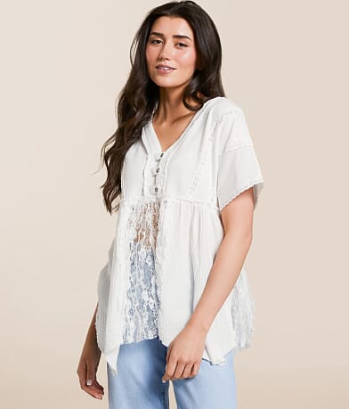 POL Pieced Lace Babydoll Henley front view