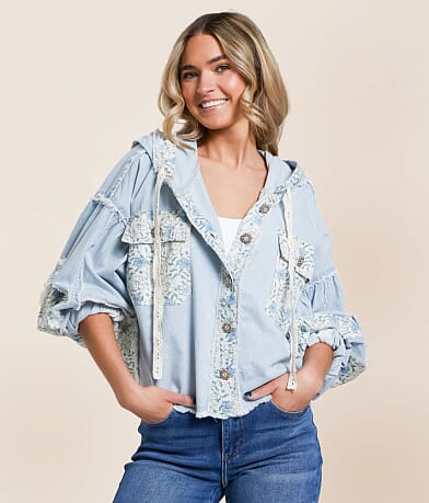 POL Pieced Floral Chambray Shacket front view