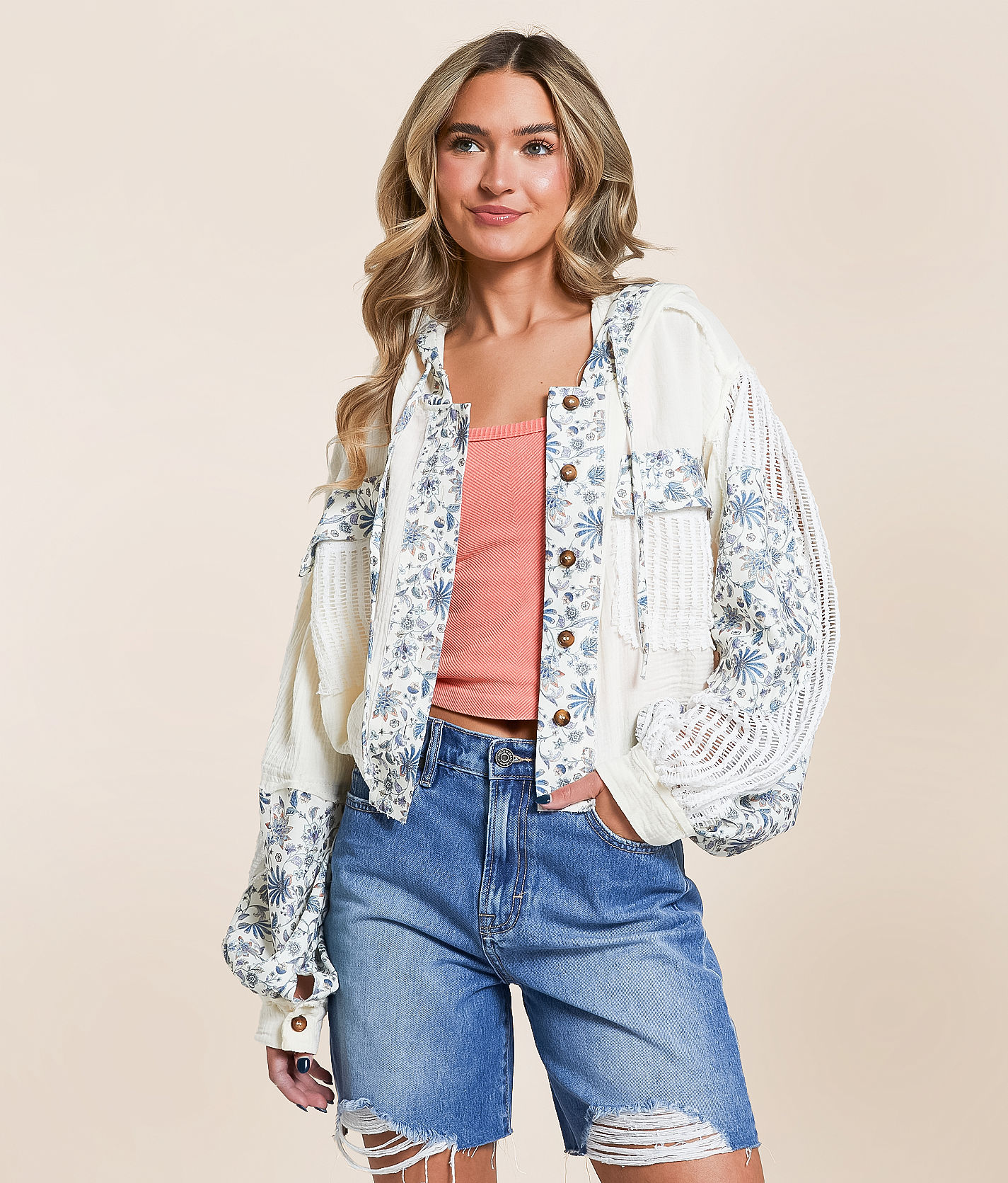 POL Pieced Floral Hooded Shacket - Women's Coats & Jackets in