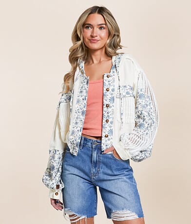 POL Pieced Floral Hooded Shacket front view