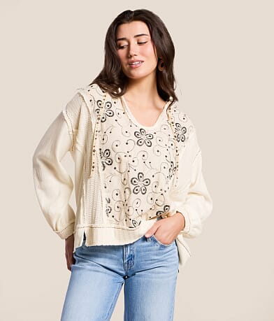 POL Floral Embroidered Thermal Hoodie front view