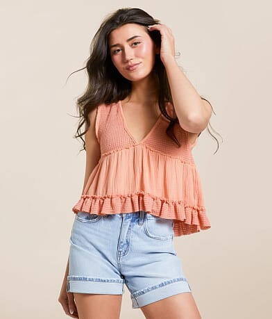 POL Pieced Ruffle Cropped Tank Top front view