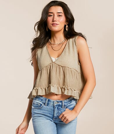 POL Pieced Ruffle Cropped Tank Top front view