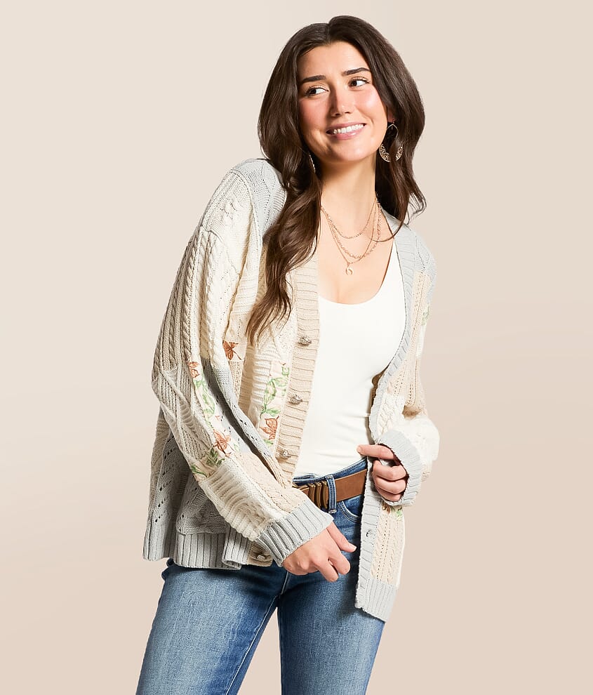 Pieced Floral Cable Knit Cardigan Sweater