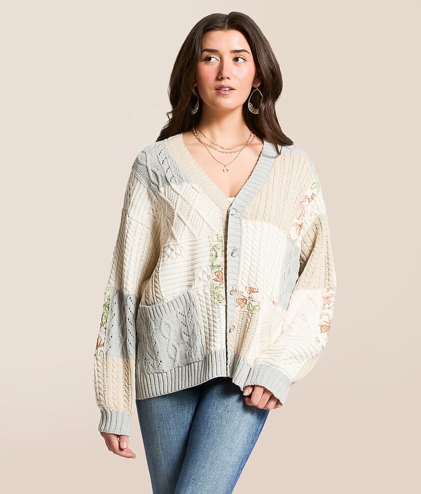 Pieced Floral Cable Knit Cardigan Sweater