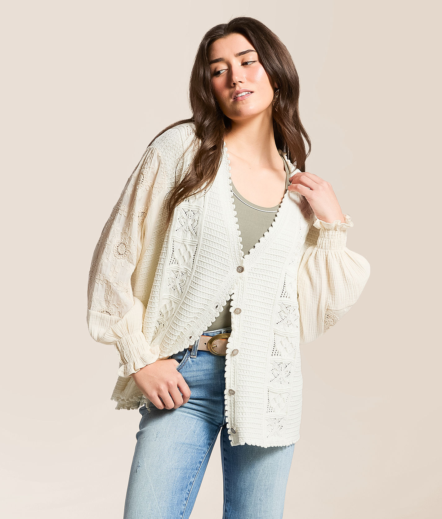 POL Pieced Crochet Oversized Cardigan Sweater - Women's Sweaters