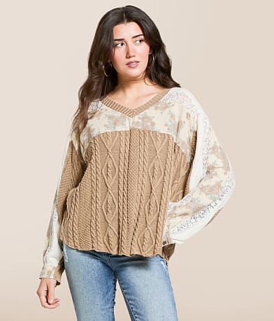 POL Pieced Cable Sweater Knit Pullover front view