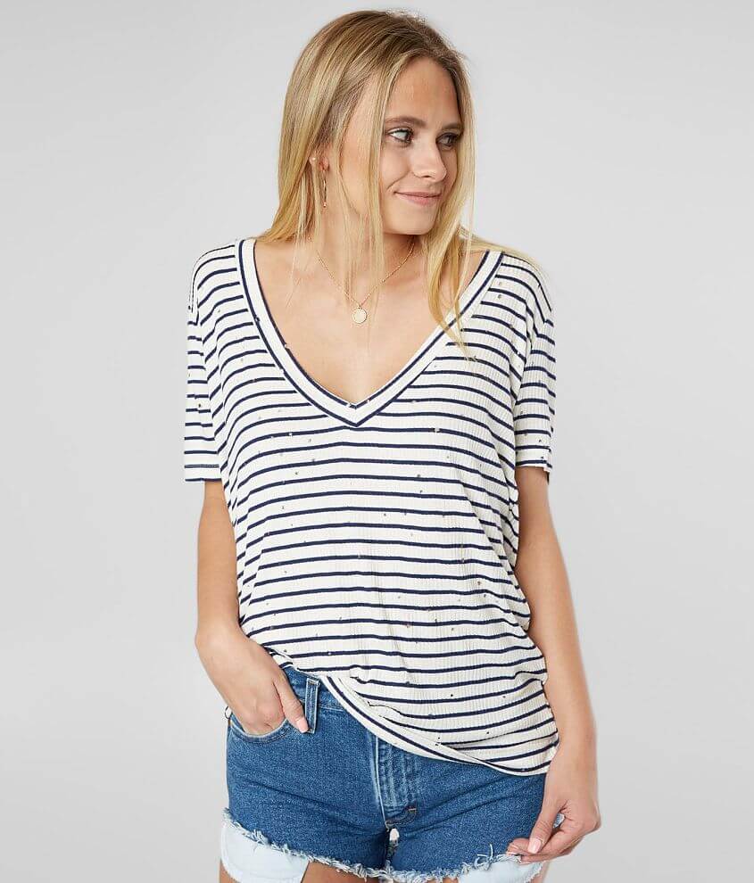 BKE Striped Deep V-Neck Top front view