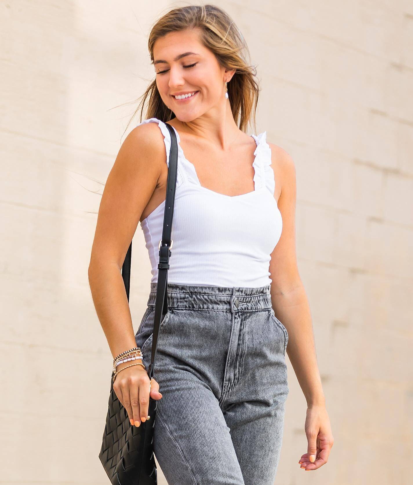 white ruffle strap top