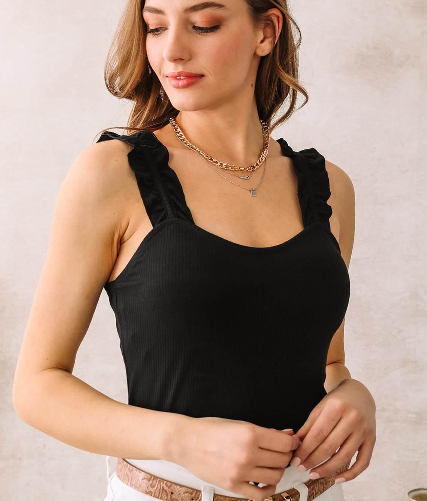 Willow & Root Ribbed Ruffle Strap Tank Top - Women's Tank Tops in Black