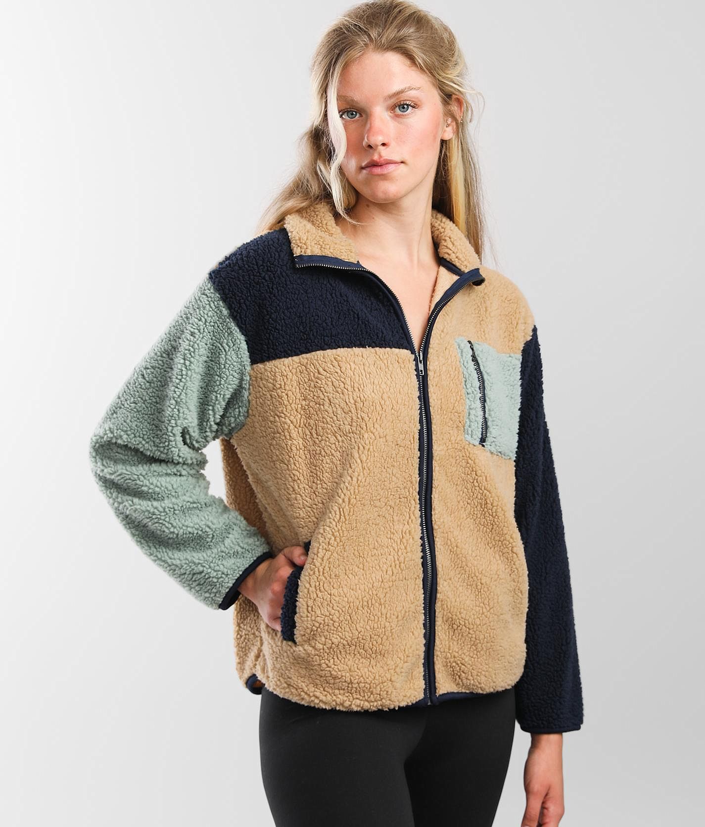 BKE core Color Block Sherpa Jacket - Women's Coats/Jackets in Latte Jadite  Mood Indigo