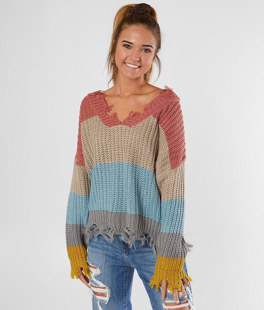 Poof Striped V-Neck Cropped Sweater front view