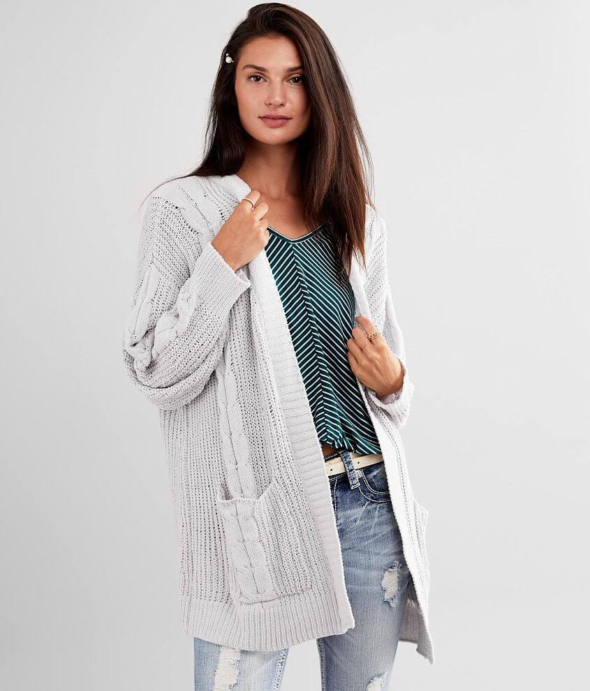 Poof Matte Chenille Cable Knit Cardigan Sweater - Women's Sweaters in Stone