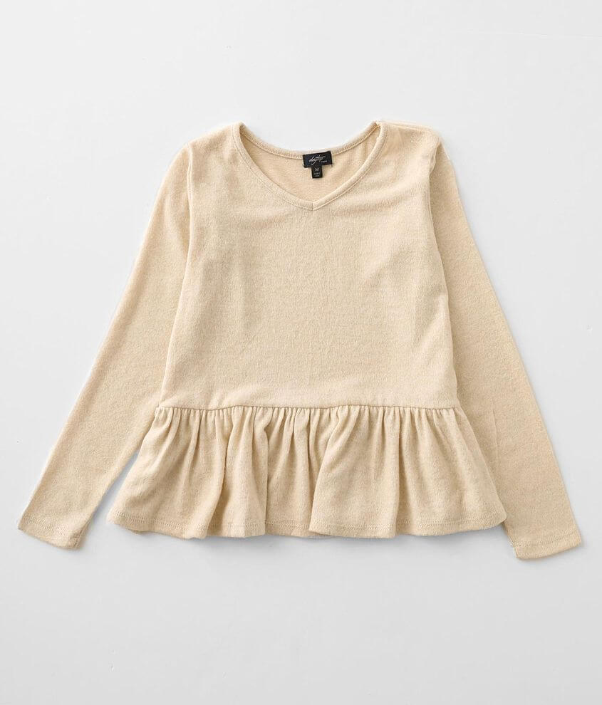 This Peplum Bell Sleeve Blouse with a ruffled hem takes Beige