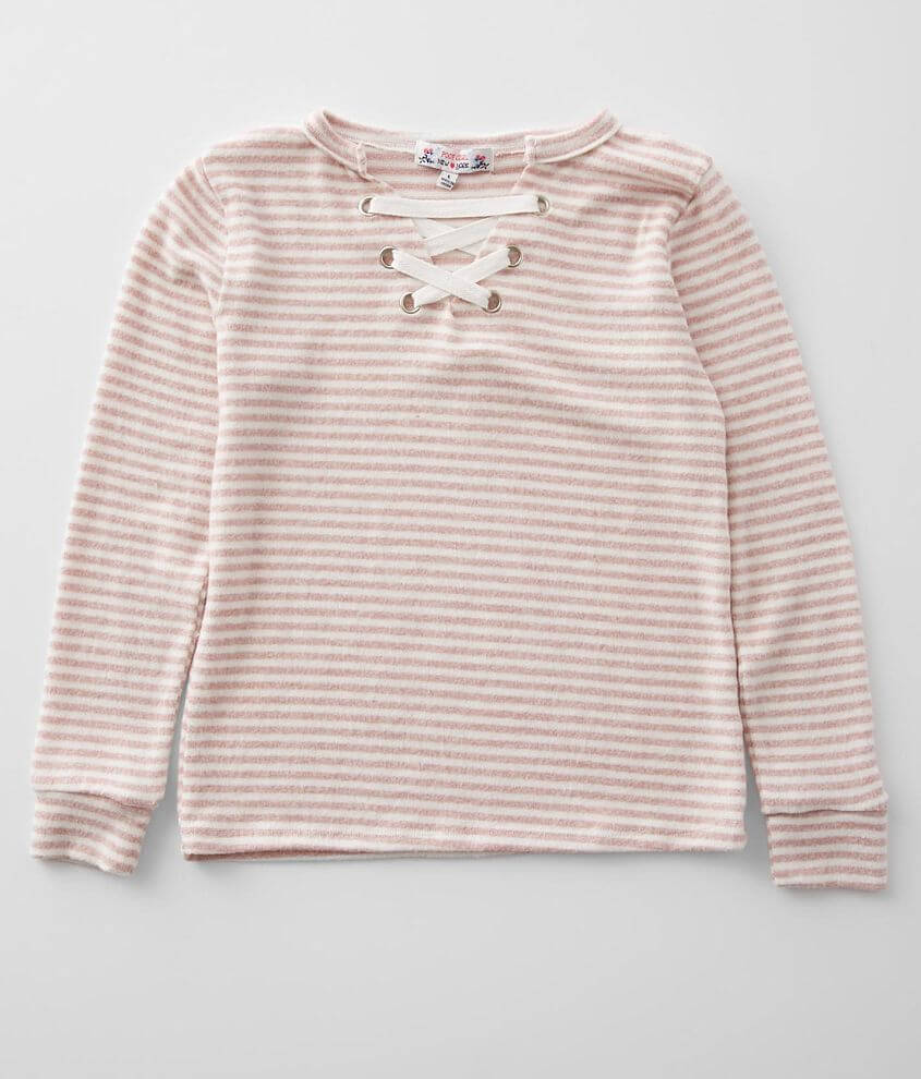 Girls - Poof Brushed Fleece Striped Top front view
