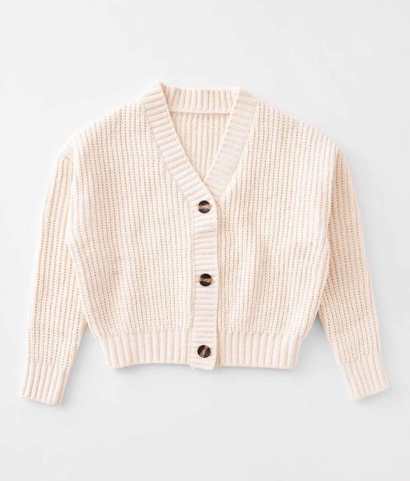 Girls - Poof Matte Chenille Cardigan Sweater - Girl's Sweaters in Ecru  Beige