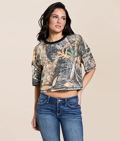 Gilded Intent Rhinestone Camo Cropped T-Shirt front view