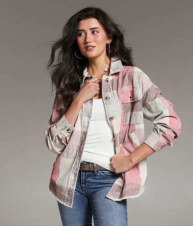 BKE Washed Plaid Corduroy Shacket front view