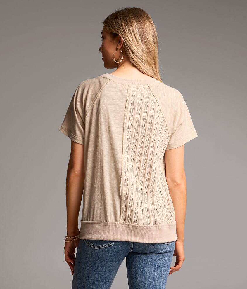 Pieced Floral Embroidered Henley