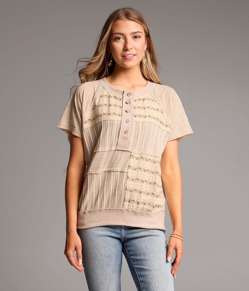 Pieced Floral Embroidered Henley
