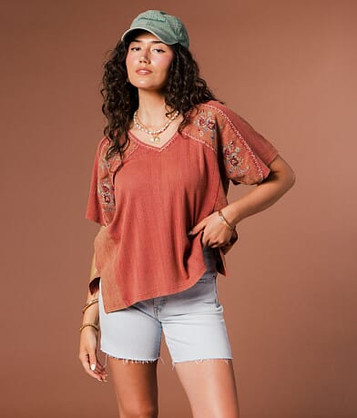 Pieced Floral Embroidered Top