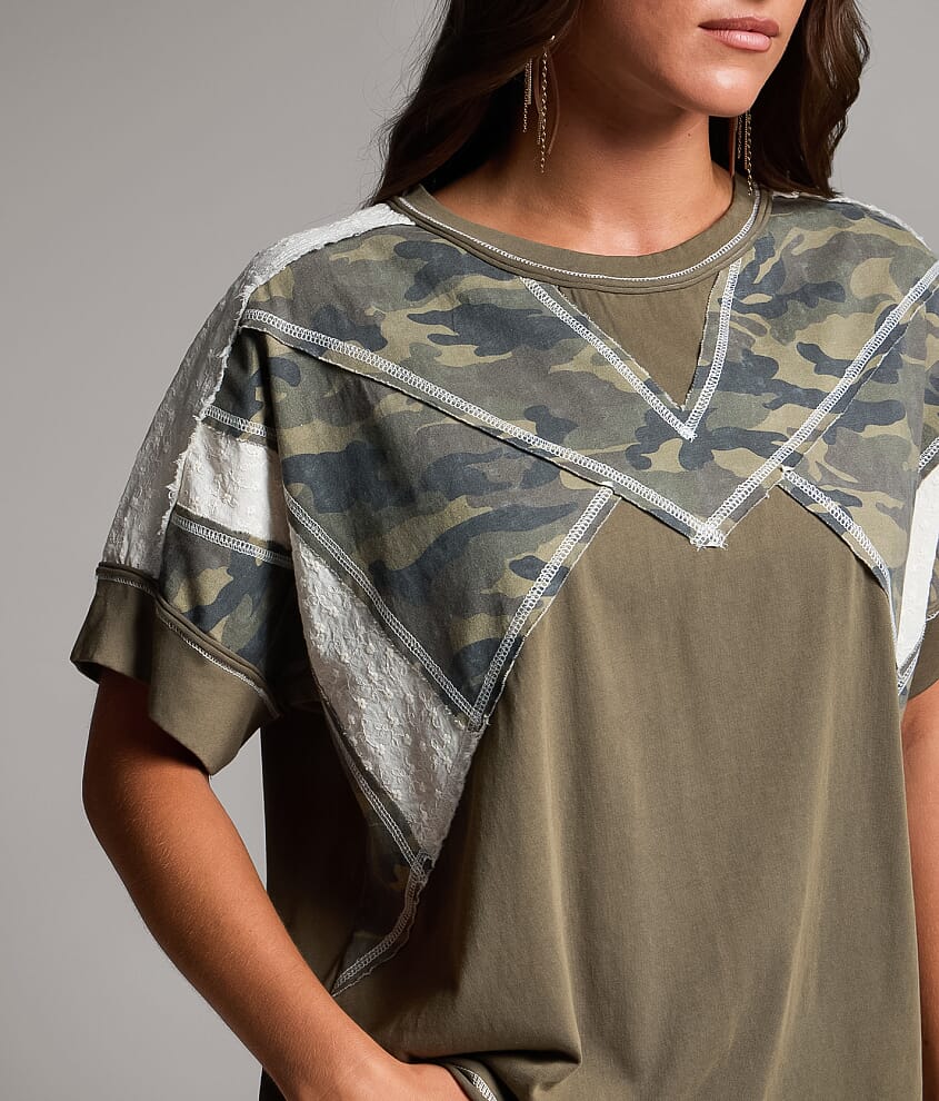 Raw Edge Pieced Camo Top
