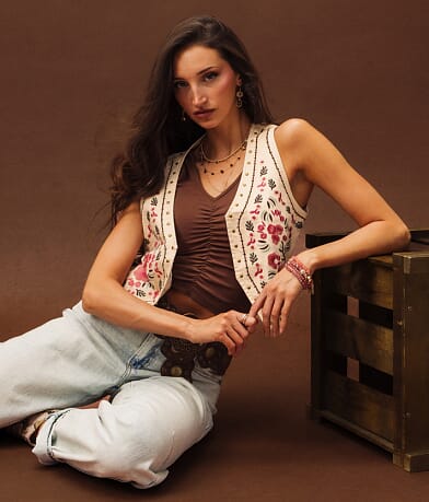 Studded Floral Denim Stretch Vest
