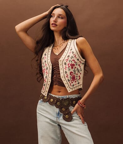 Studded Floral Denim Stretch Vest thumbnail 2