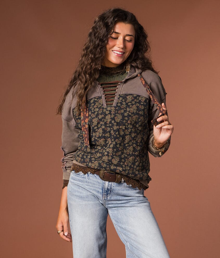 Pieced Floral Hooded Sweatshirt - thumbnail 2