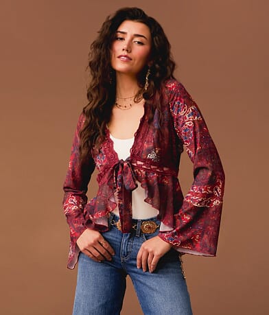 Gimmicks Front Tie Ruffle Top front view