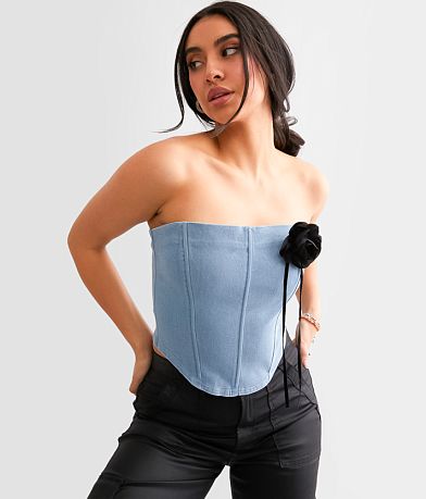 Pretty Garbage Rosette Denim Corset Tube Top full left side view