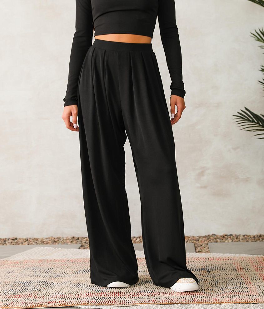 Curves Black Ribbed Wide Leg Trousers