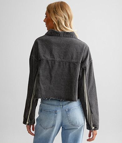 Beivy Shot Bead Fringe Cropped Denim Jacket back view