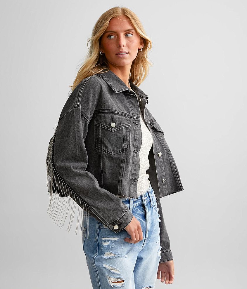 Beivy Shot Bead Fringe Cropped Denim Jacket front view