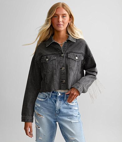 Beivy Shot Bead Fringe Cropped Denim Jacket full left side view