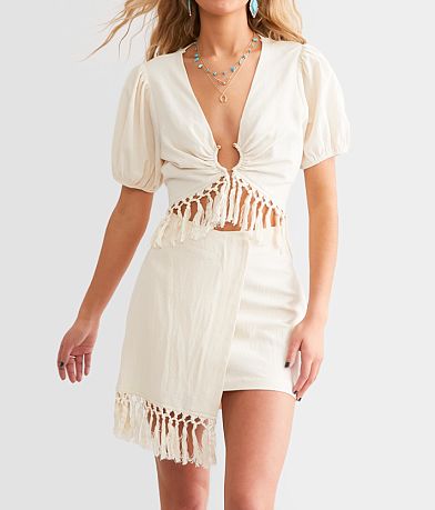 Willow & Root Asymmetrical Fringe Mini Skirt front view