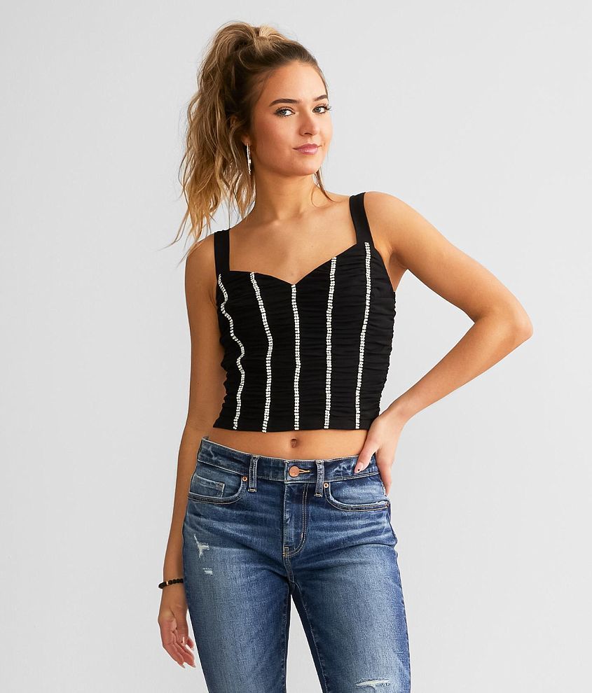 High Neck Rhinestone Lace-Up Ties Ribbed Crop Tank Top - Black