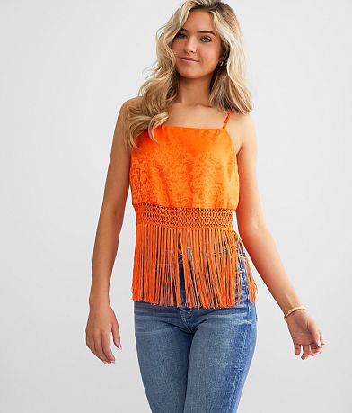 Willow & Root Jacquard Satin Fringe Tank Top front view